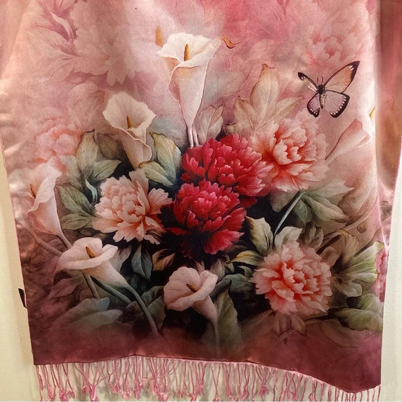 MAKO 100% Silk Lines Floral Butterfly Scarf with Fringe - Picture 6 of 11